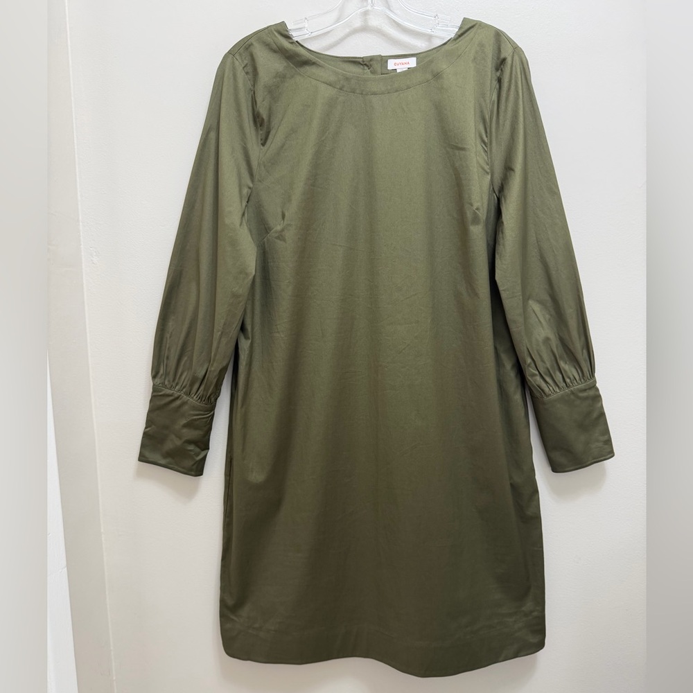 Cuyana Poplin Cotton Stretch Shift Dress Long Sleeve Pockets Olive Green Size L - Picture 2 of 13
